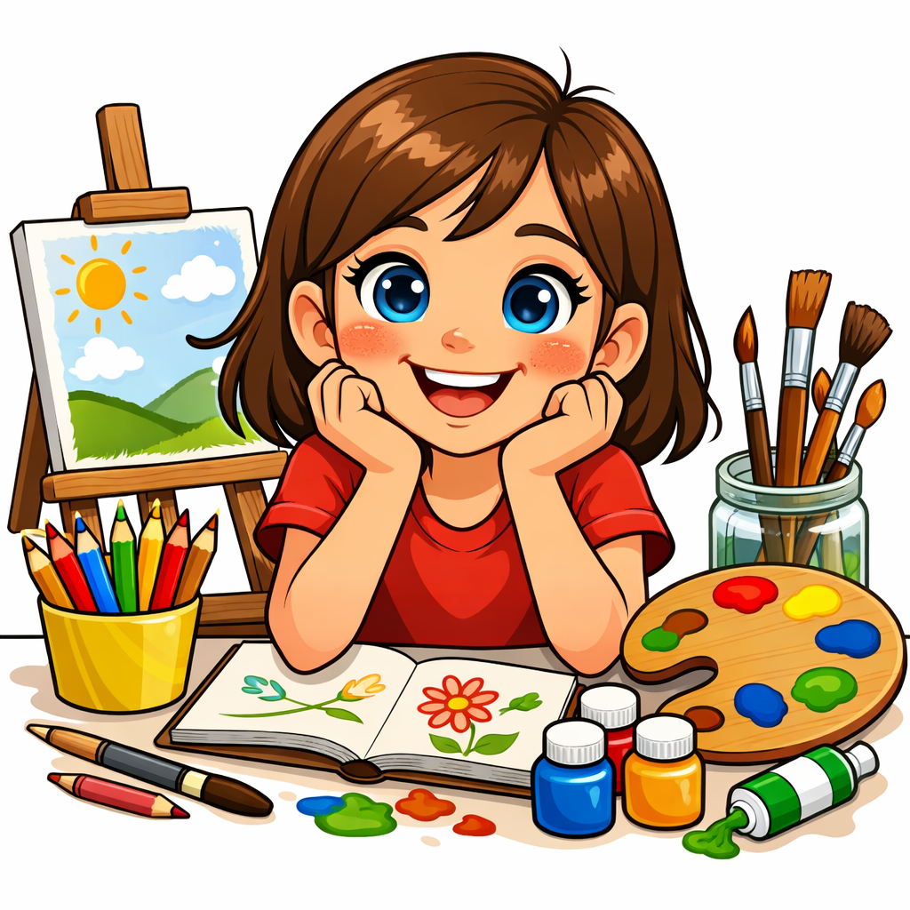 Cartoon van een lachend meisje met bruin halflang haar en blauwe ogen tussen potloden, ezels, kwasten en verf.